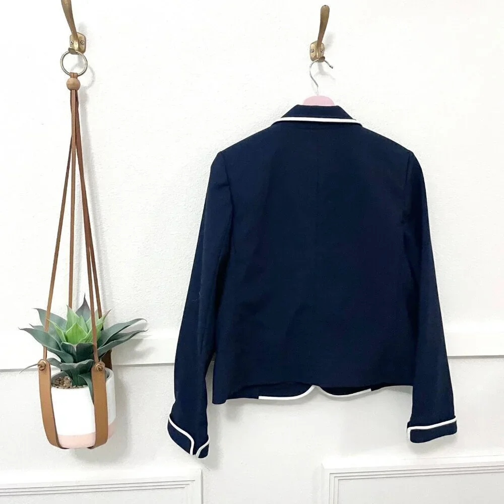 Tory Burch Contrast Trim Blazer Preppy Navy Blue Size 6 Preppy Nautical Chic
